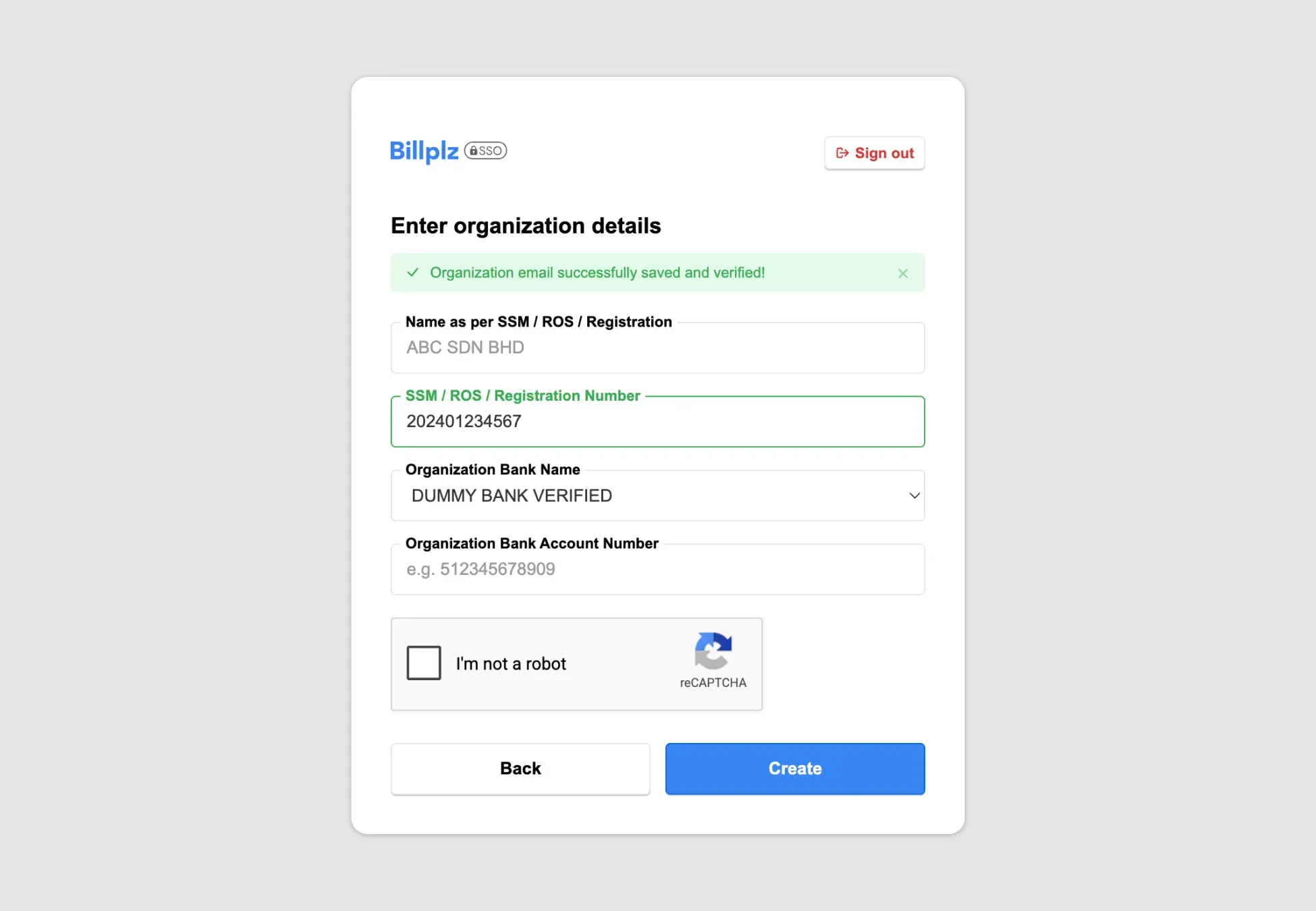 Billplz Organization Details - Form screen illustrating the entry of an organization registration number exactly matching corporate or bank documents.
