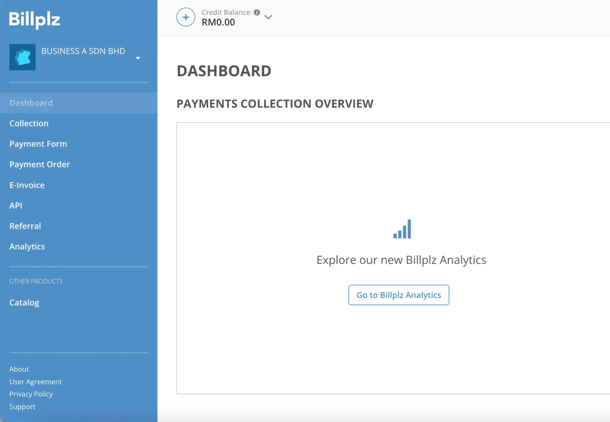 Billplz Dashboard - Main account overview displaying the default layout prior to checking active membership tiers.