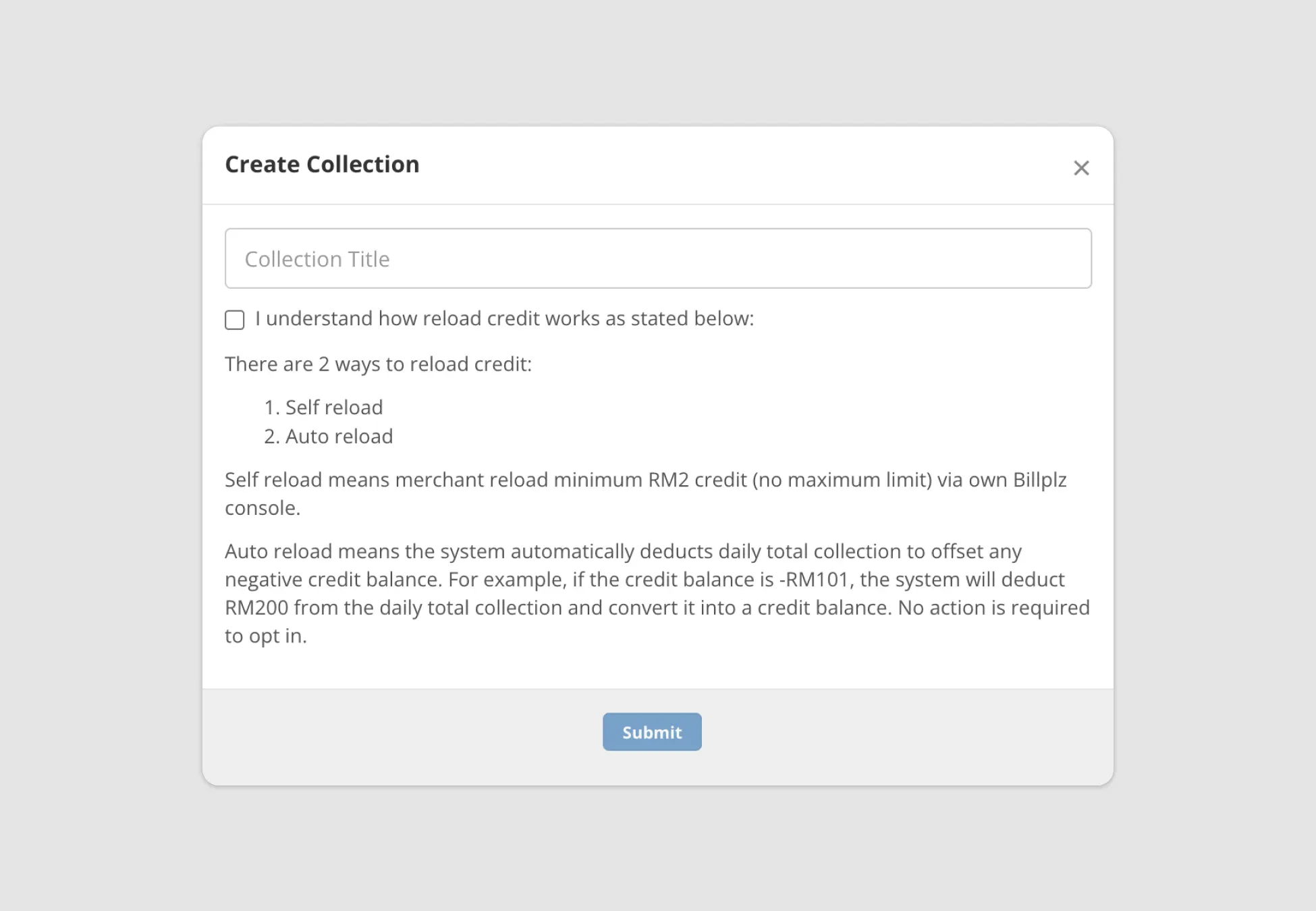 Billplz Create Collection - Modal with collection title field and reload credit terms.