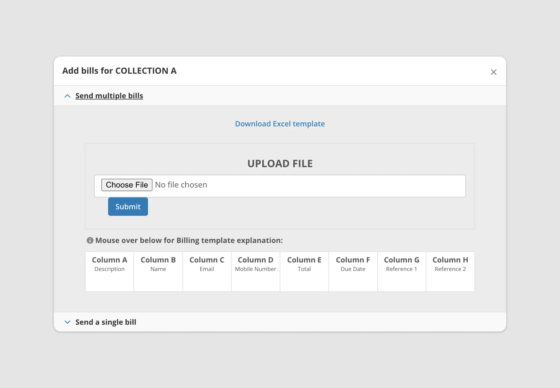Billplz Add Bills - "Send multiple bills" section with file upload button and template download link.