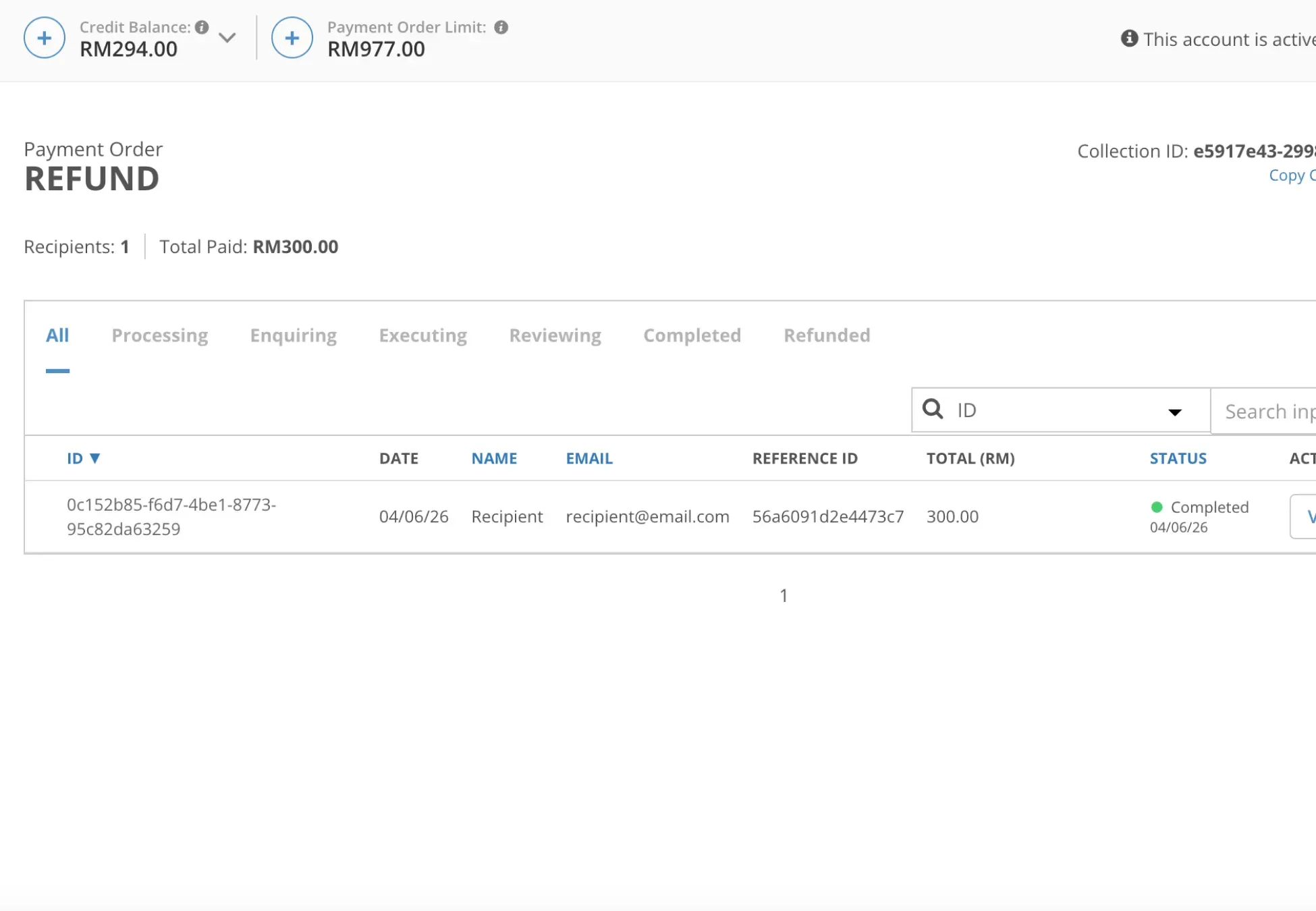 Billplz Payment Order Dashboard - Monitoring the status of a disbursement transaction, showing the refund order marked with a green "Completed" status indicator.