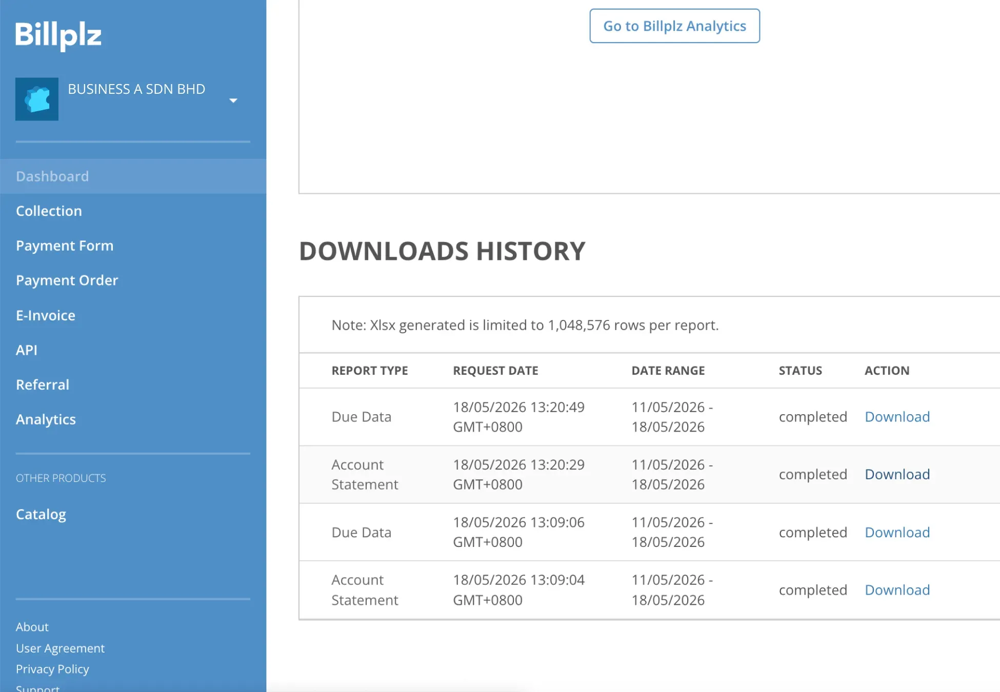 Billplz Downloads History - Reviewing the status of requested statement exports and accessing the download link.