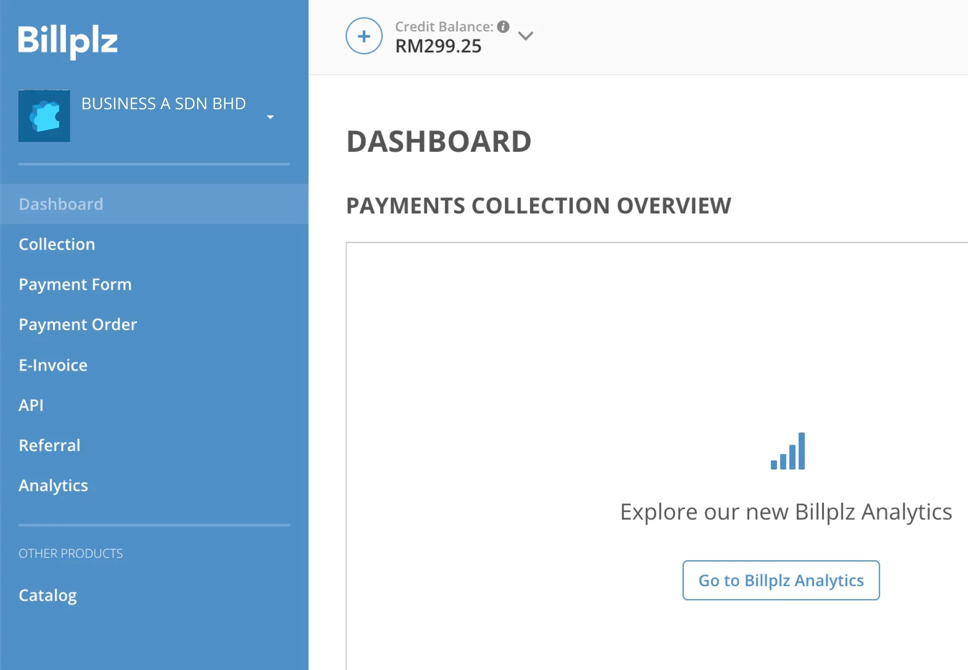 Billplz Dashboard - Locating the "Credit Balance" header display at the top of the merchant portal home screen.