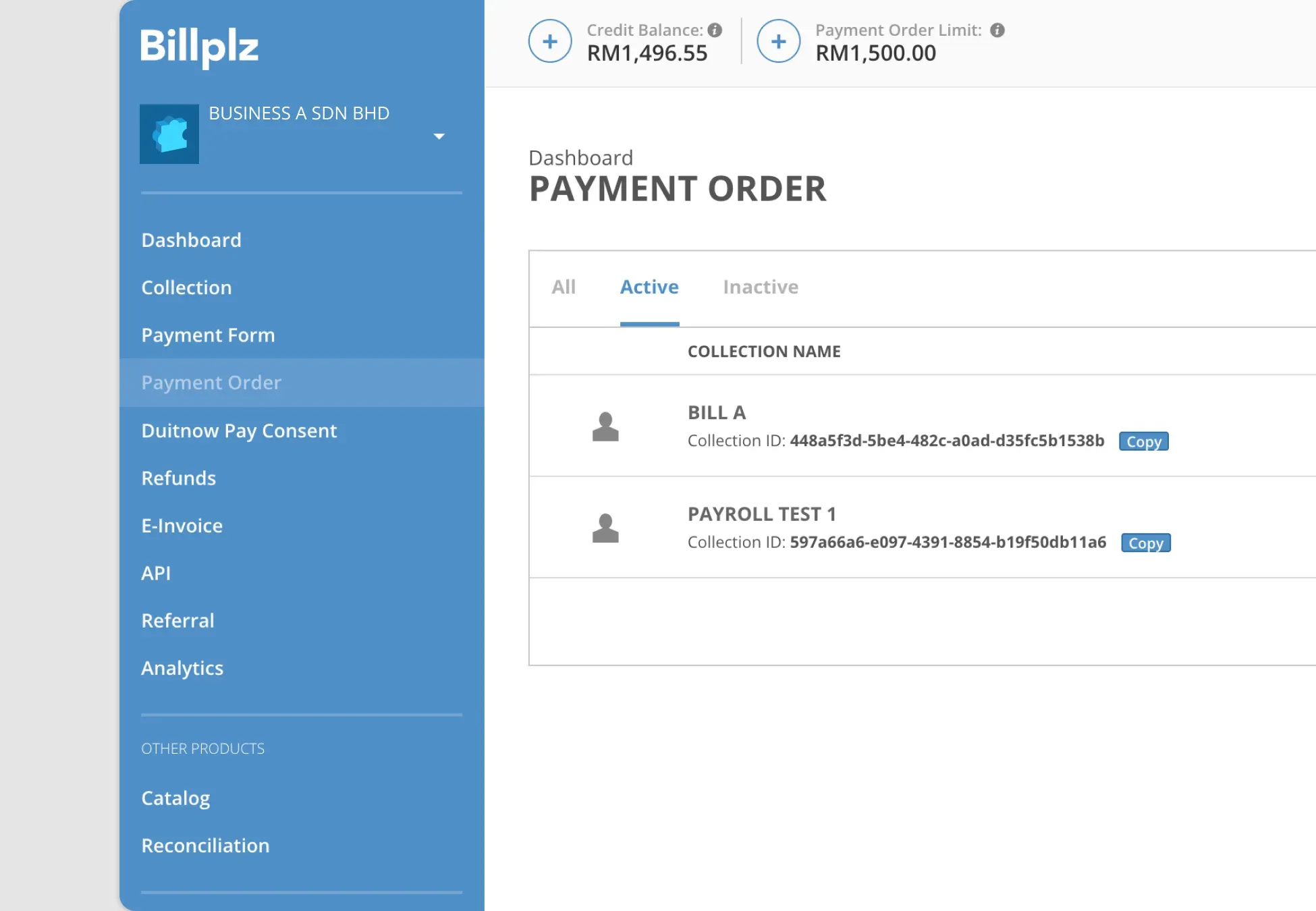 Billplz Dashboard - Payment Order page displaying Credit Balance, Payment Order Limit, and active collection lists.