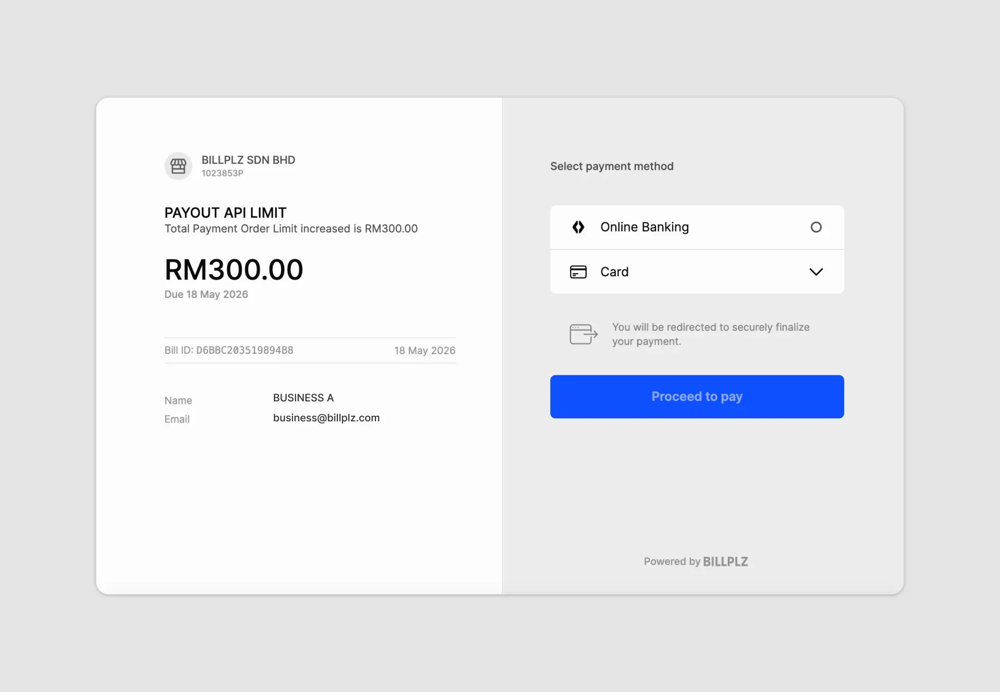 Billplz Checkout View - Billing page to finalize the Payment Order Limit reload amount via payment selection.