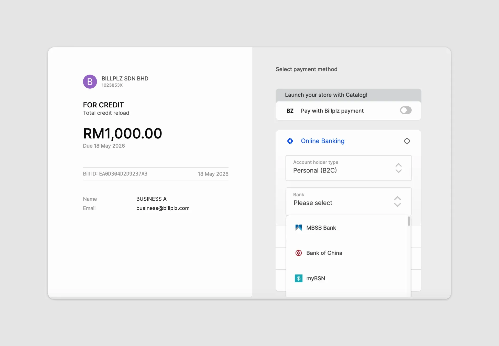 Billplz Checkout View - Billing selection page for a personal online banking credit reload of RM1,000.00.