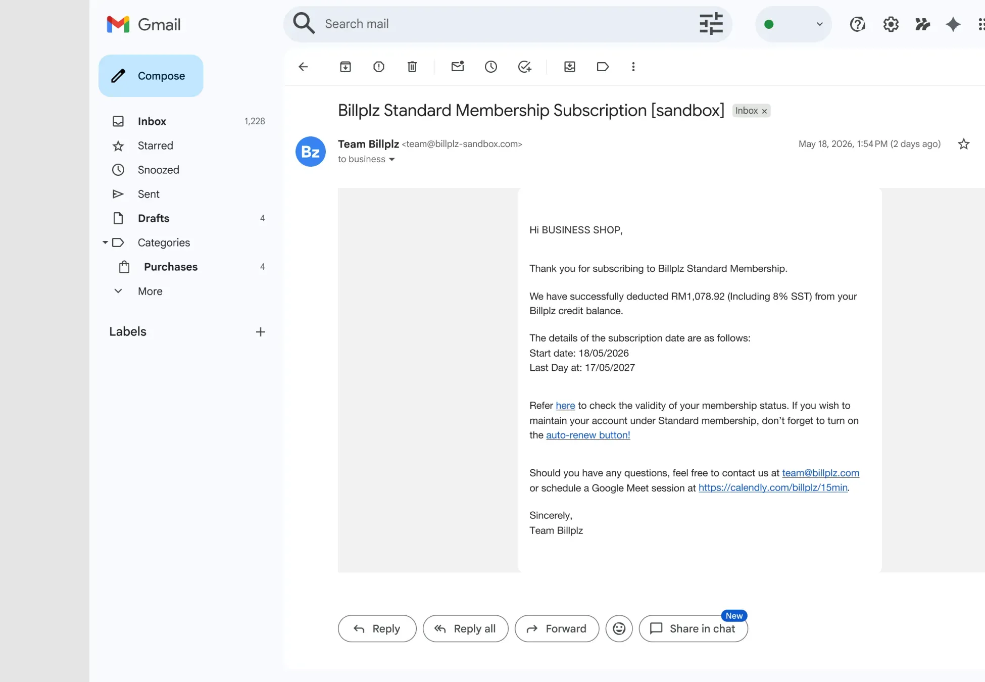 Billplz Email Notification - Subscription welcome letter confirming successful activation and payment for the Standard Membership.