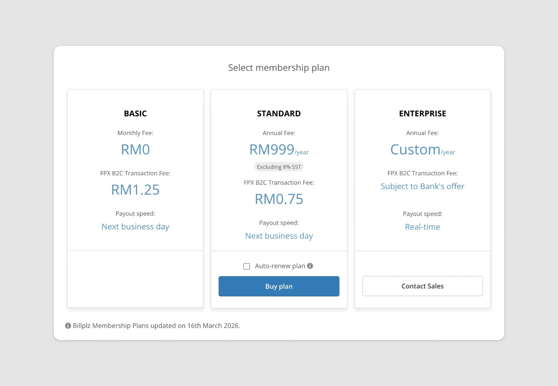 Billplz Membership Plans - Selection grid showing options to choose or buy a membership plan.