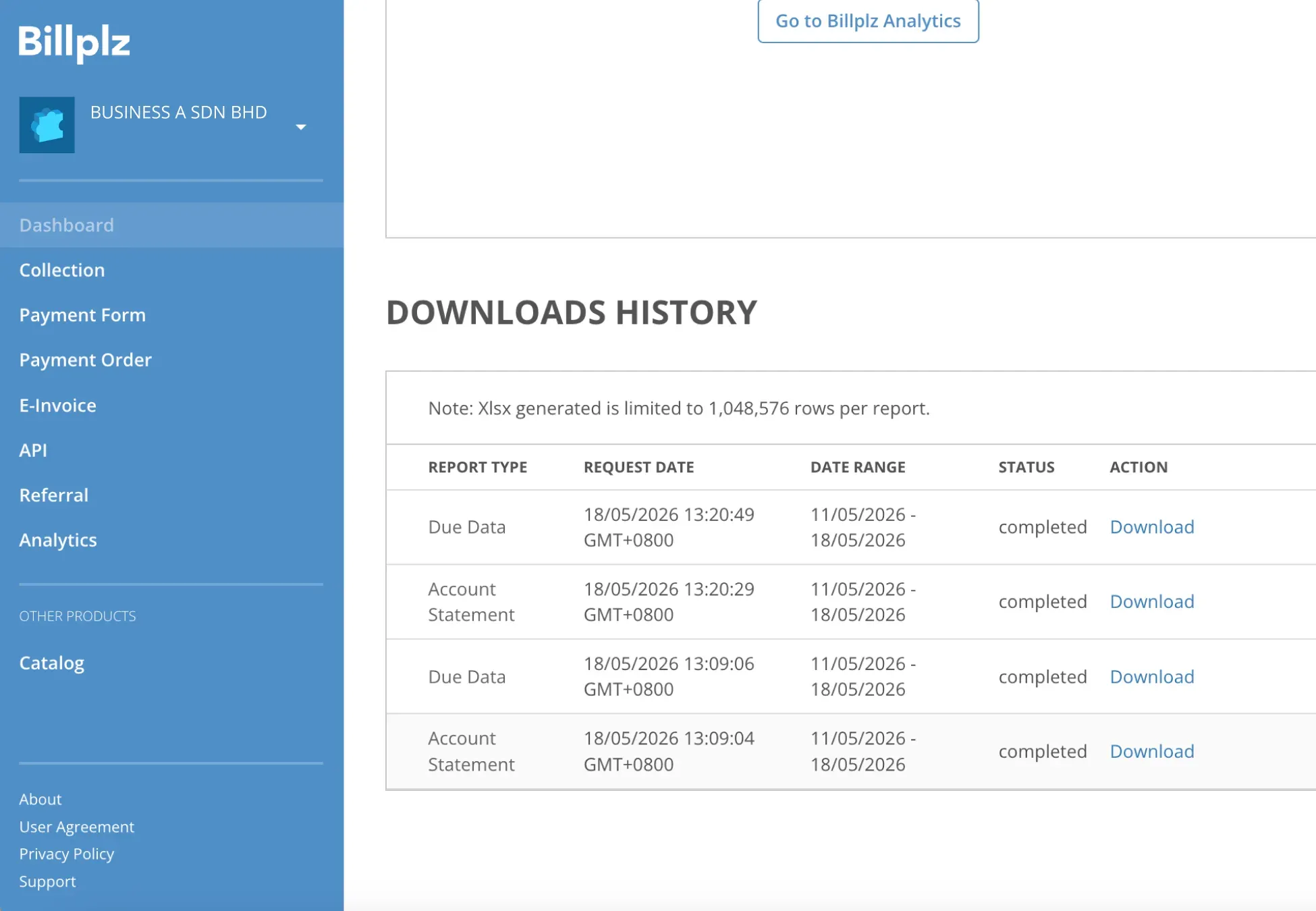 Billplz Downloads History - Tracking table displaying generated statement reports, request timestamps, and final download links.