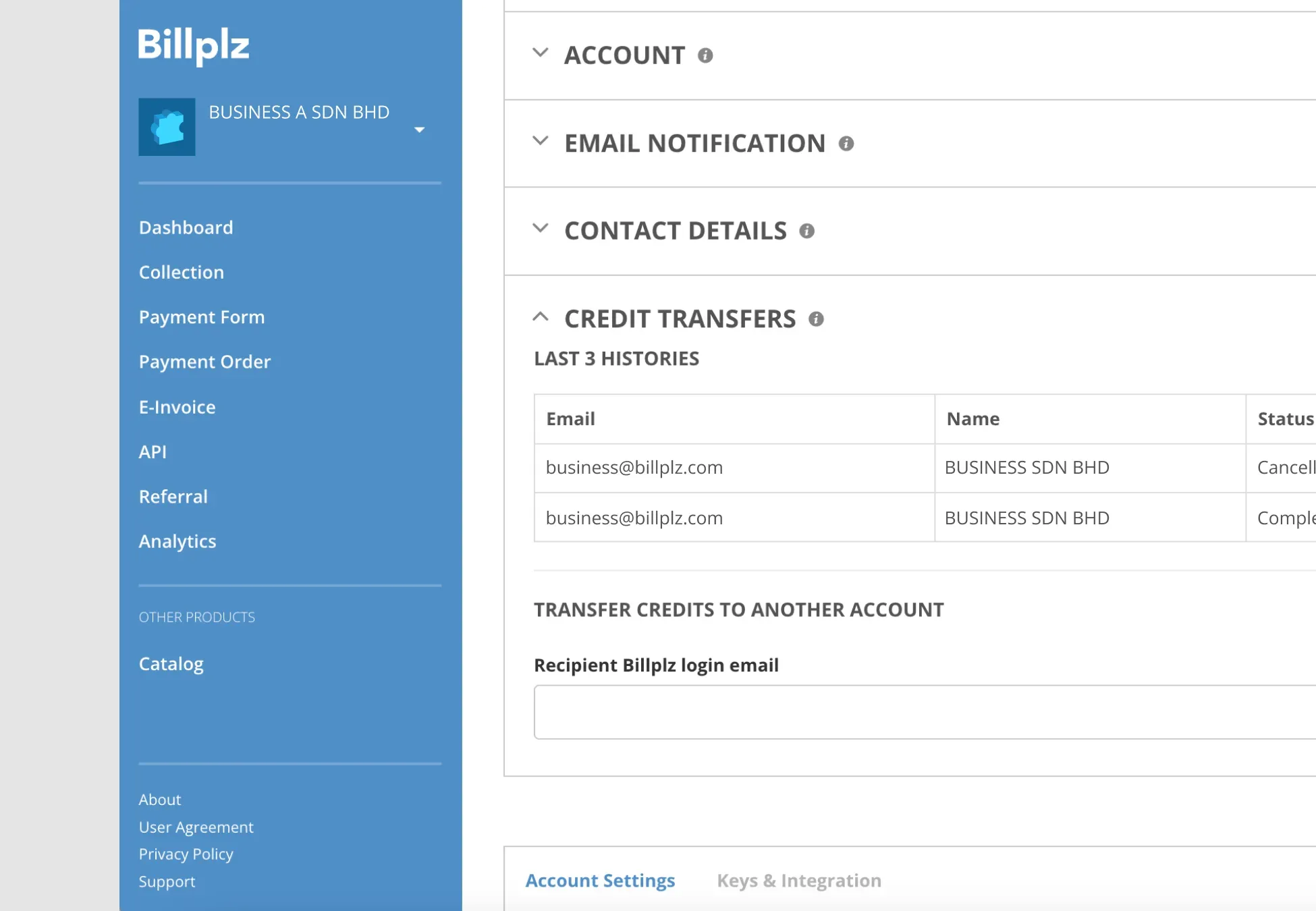 Billplz Settings - Navigating to the Credit Transfers section within the Account Settings menu.