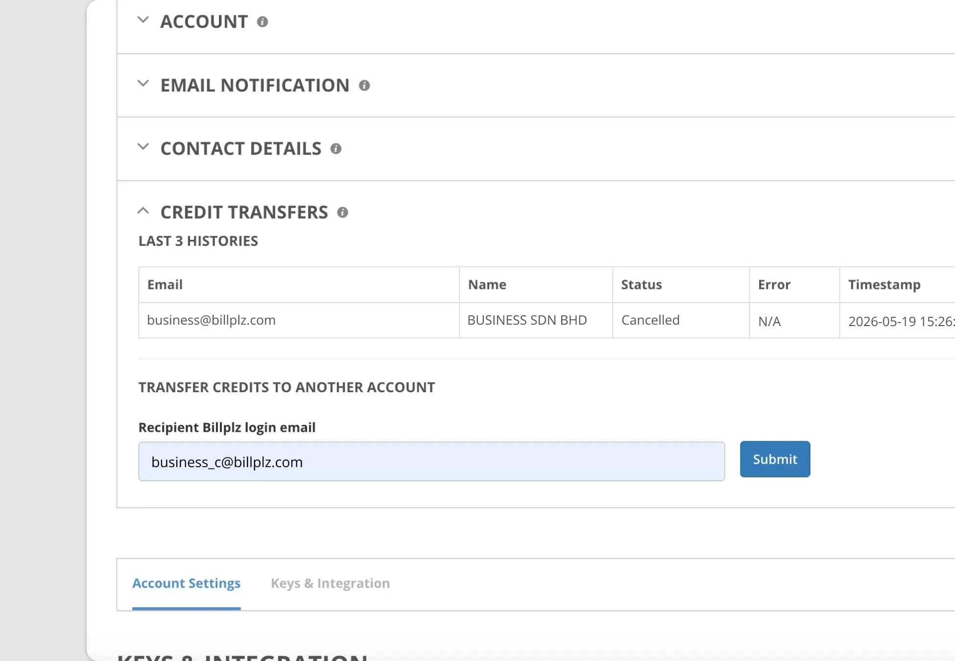 Billplz Credit Transfers - Entering the recipient's Billplz login email address to initiate a full balance transfer.