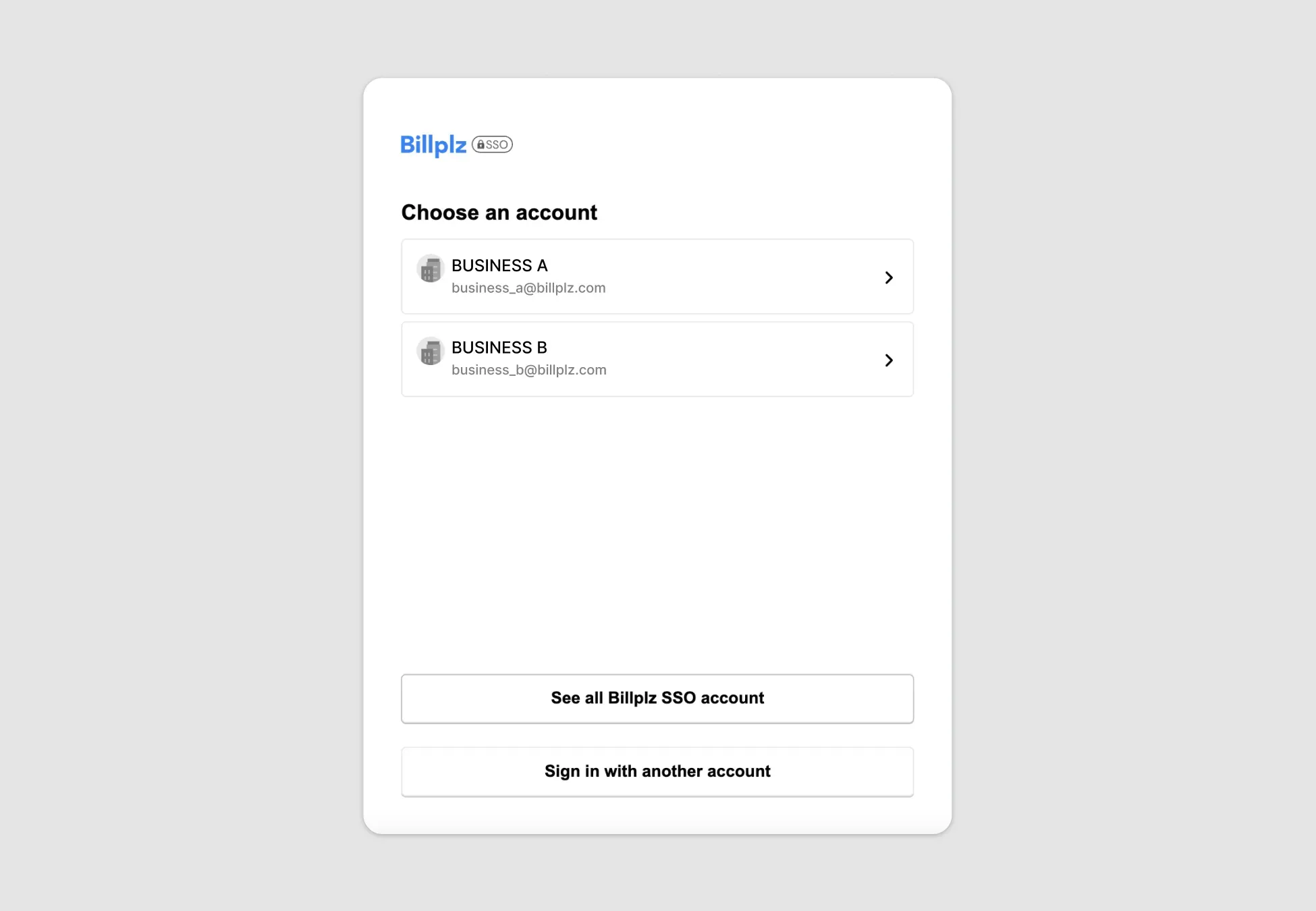 Billplz SSO Account Selection - Interface to choose a specific merchant account profile from the list.