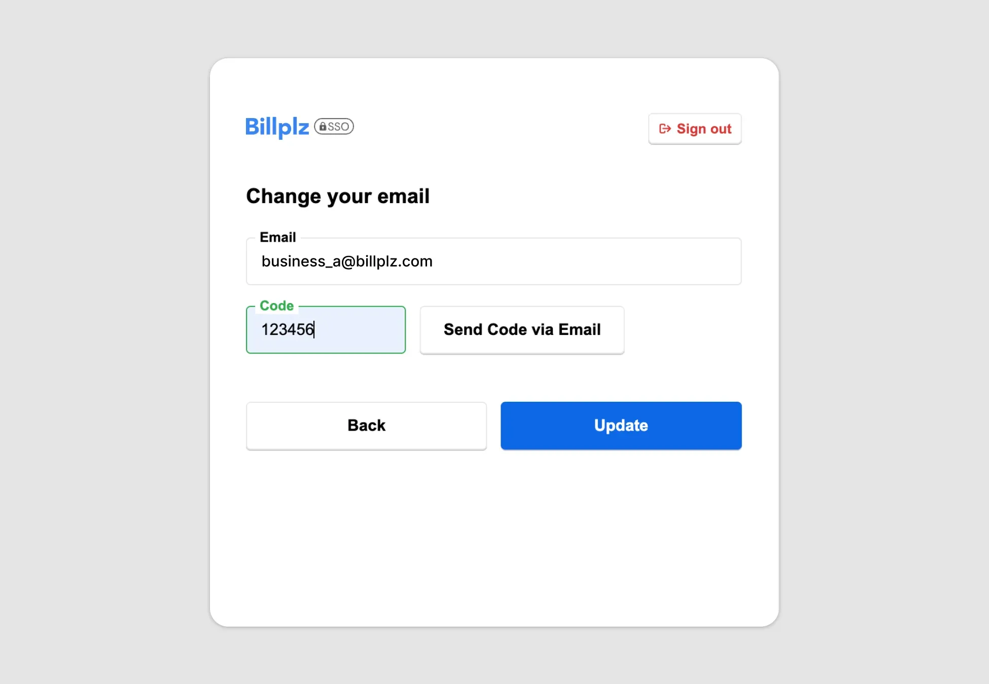 Billplz Email Update - Verifying the security configuration by entering the 6-digit confirmation code.