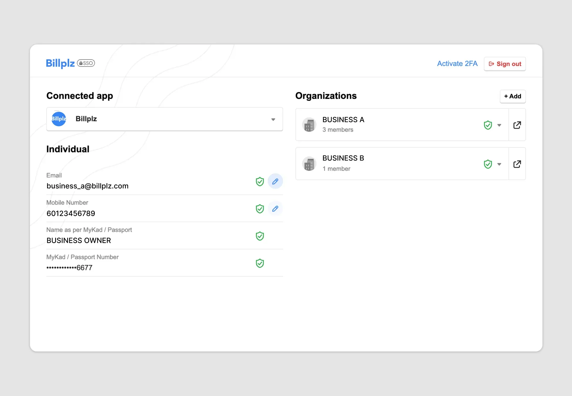 Billplz SSO Dashboard - Profile view displaying the successfully updated individual registration email address.