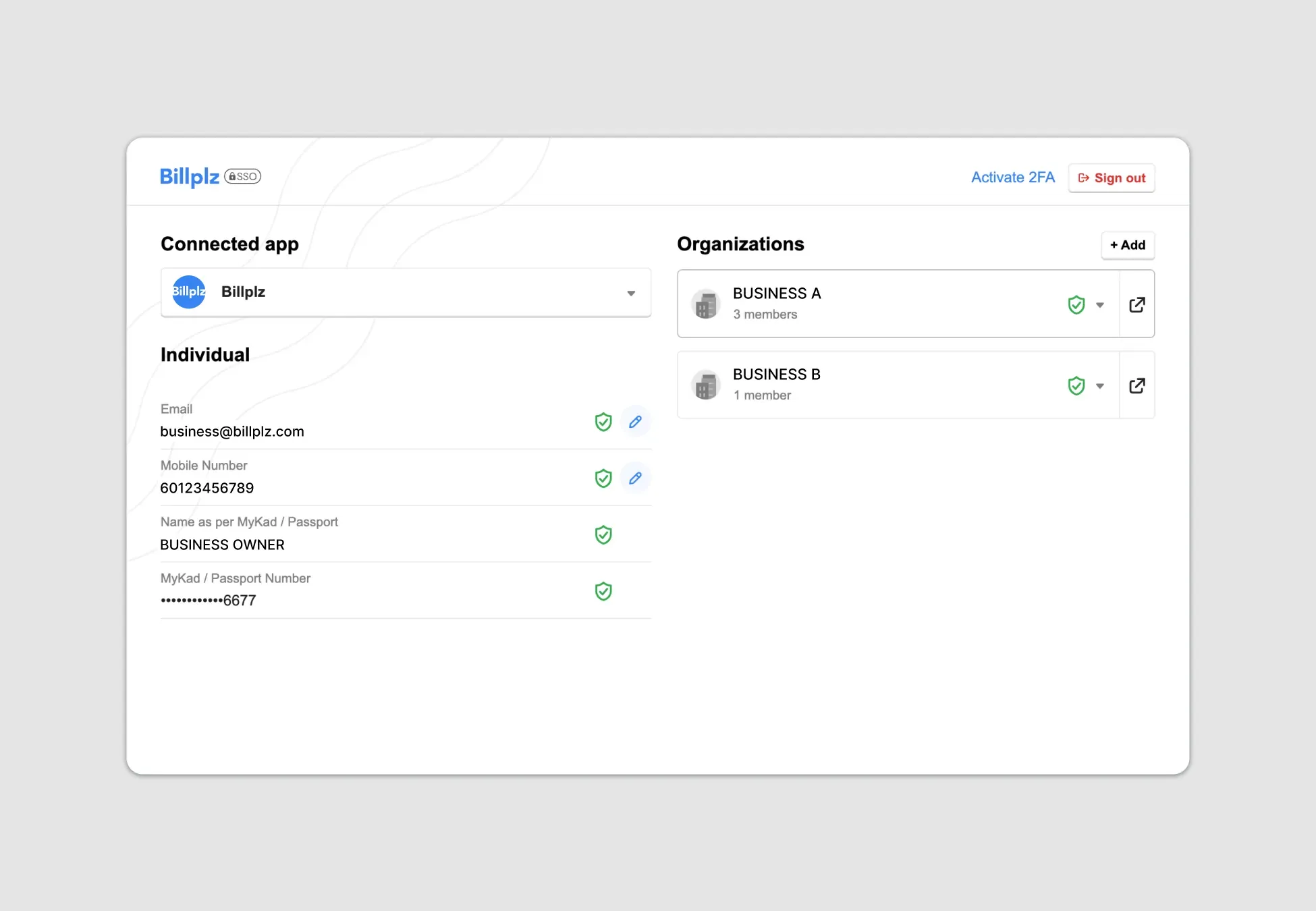 Billplz SSO Dashboard - Individual summary layout displaying application links alongside registered business profiles.