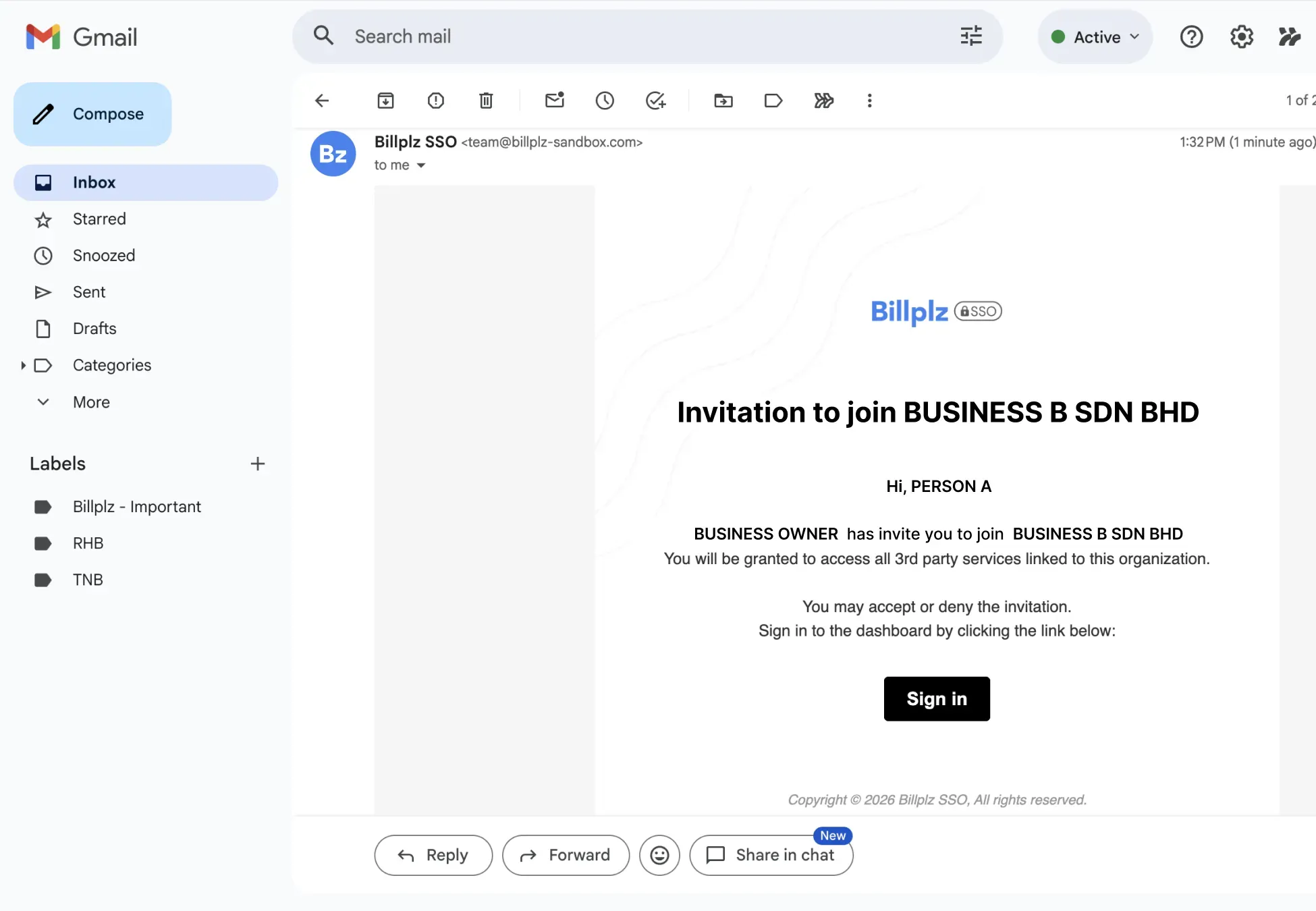 Billplz Email Notification - Automated email invitation sent to a user prompting them to join the business organization.