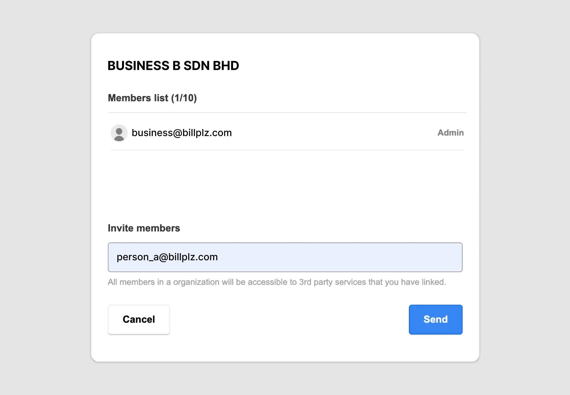Billplz Member Invitation - Entering the invitee's email address in the members list configuration menu.