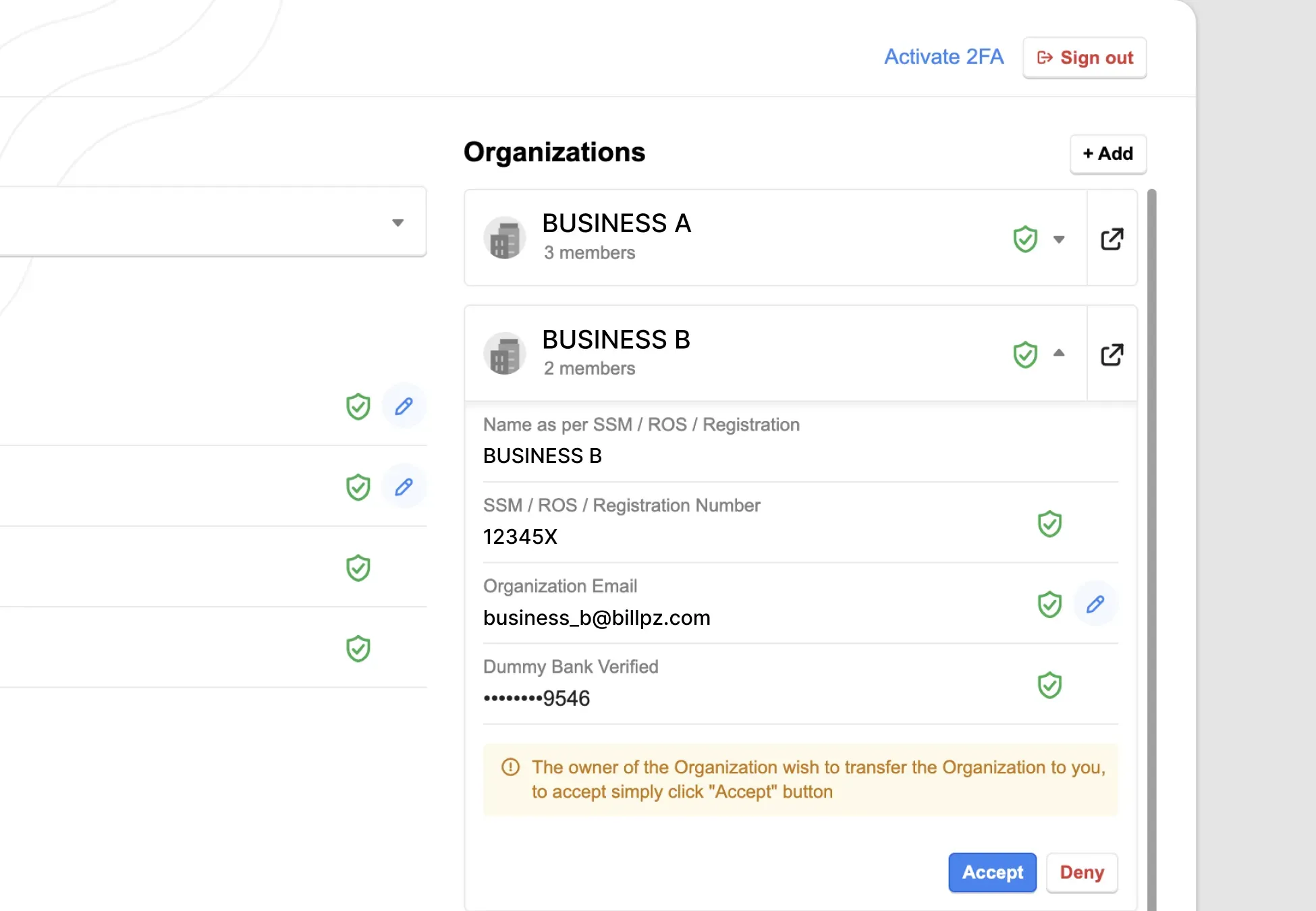 Billplz Ownership Transfer - Pending notification panel allowing the new recipient to Accept or Deny the request.