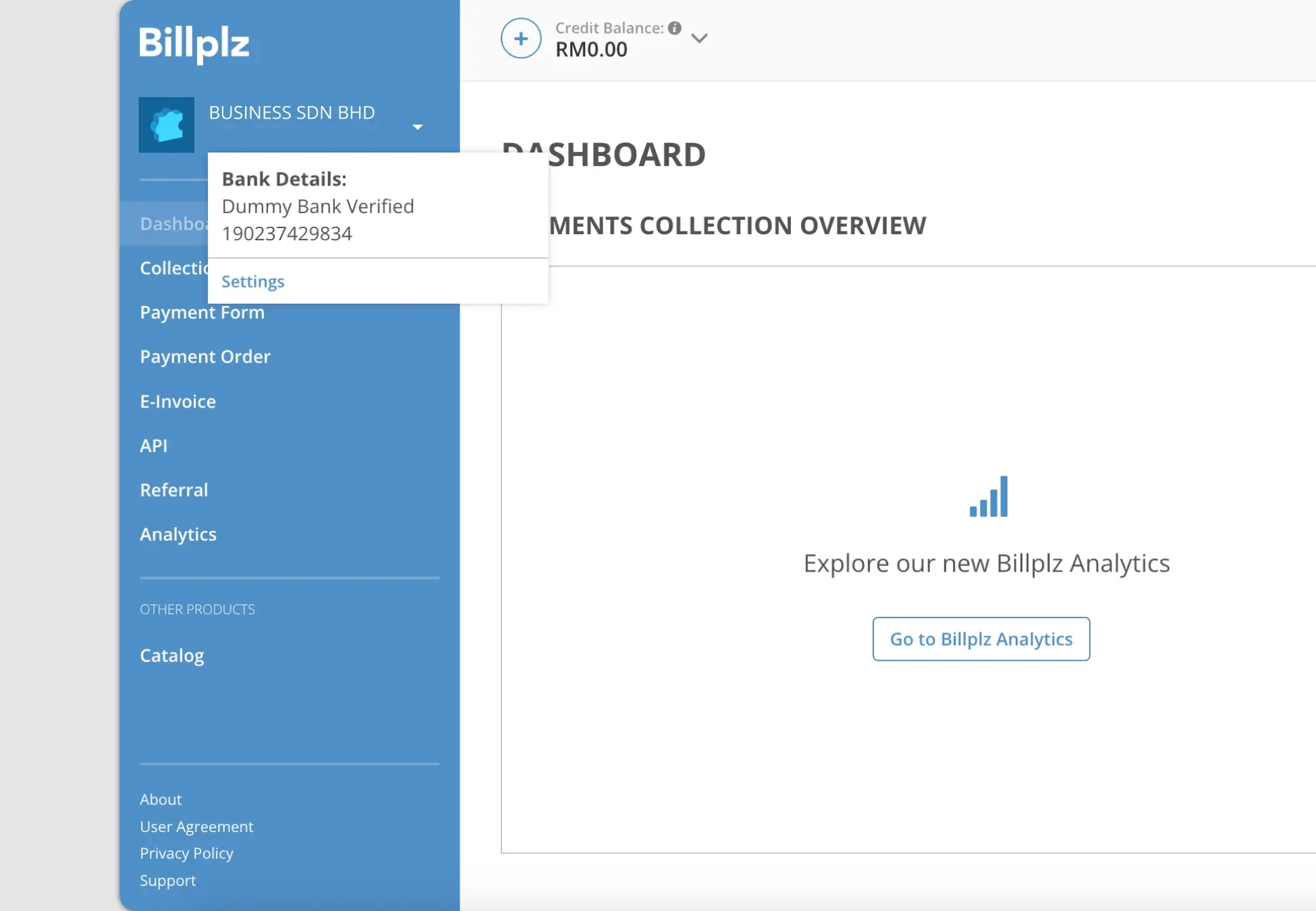 Billplz Dashboard - Expanding the organization header dropdown menu to access account settings.
