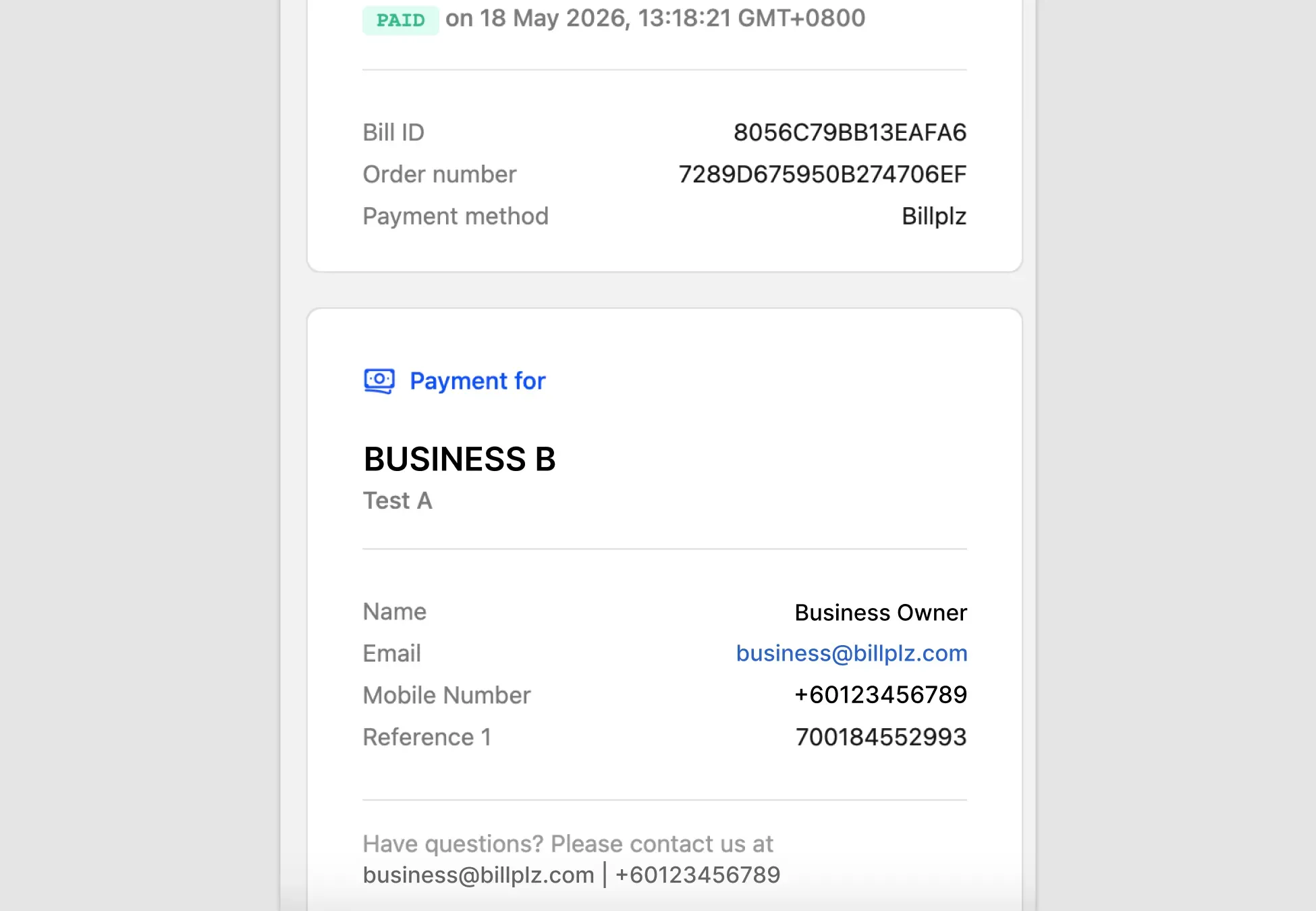 Billplz Receipt - Digital invoice layout showing the updated merchant customer service email and phone number.
