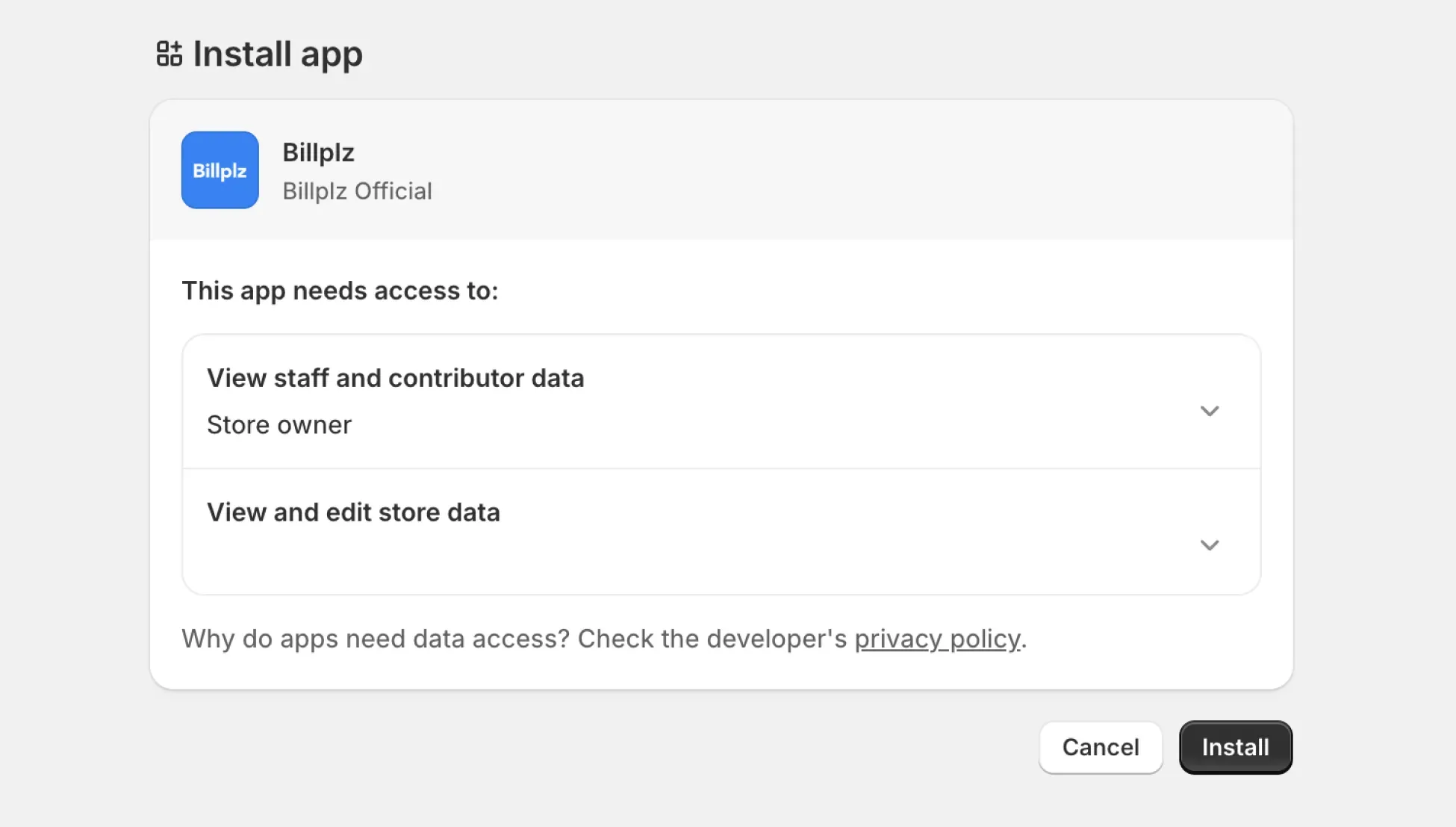 Shopify Install App Screen - Reviewing permissions required by the Billplz Sandbox application before clicking the install button.
