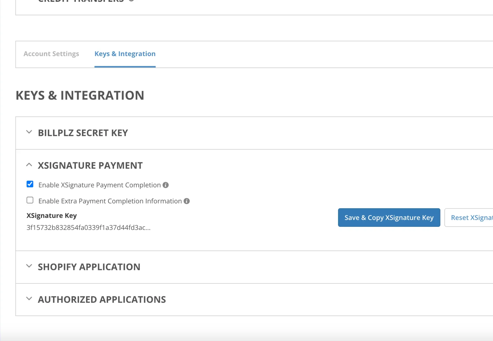 Billplz Keys & Integration - The XSignature Payment section with the option "Enable Extra Payment Completion Information" left unchecked.