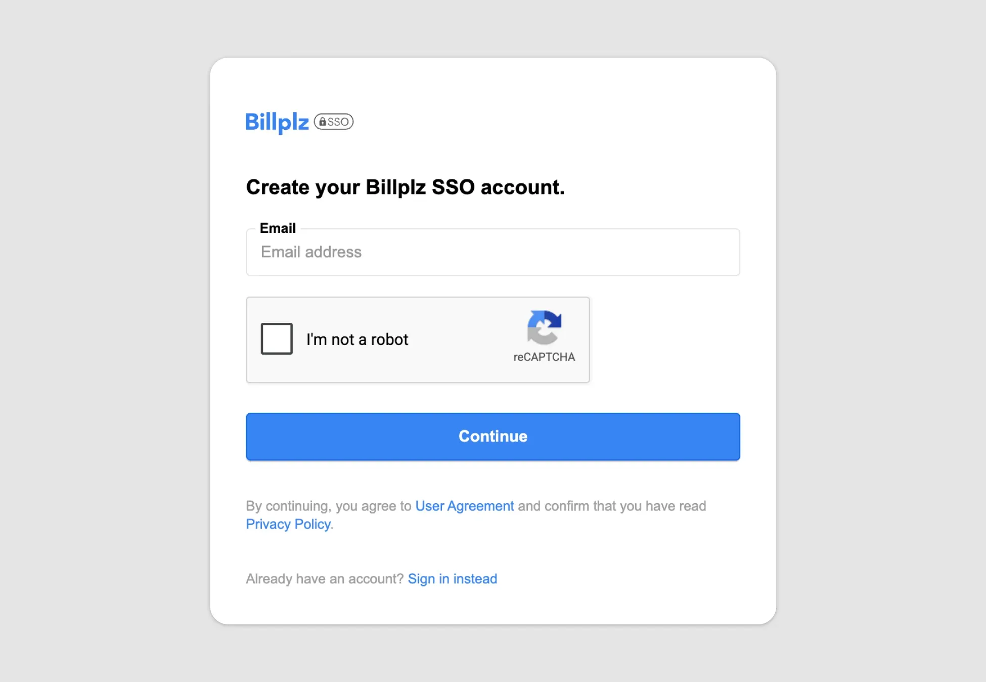 Billplz SSO Account Creation - Initial registration screen prompting for an account email address and reCAPTCHA completion.