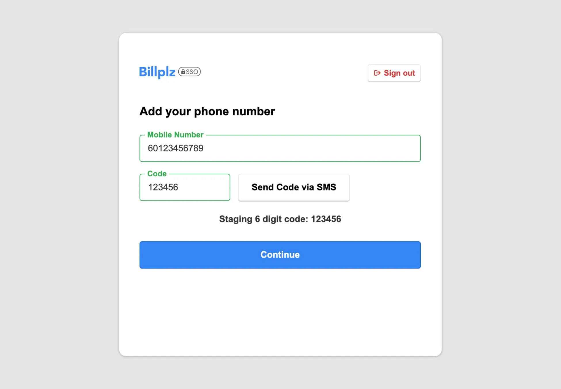Billplz Phone Verification - Staging environment verification form showing a dummy mobile number and a mock 6-digit SMS code entry box.