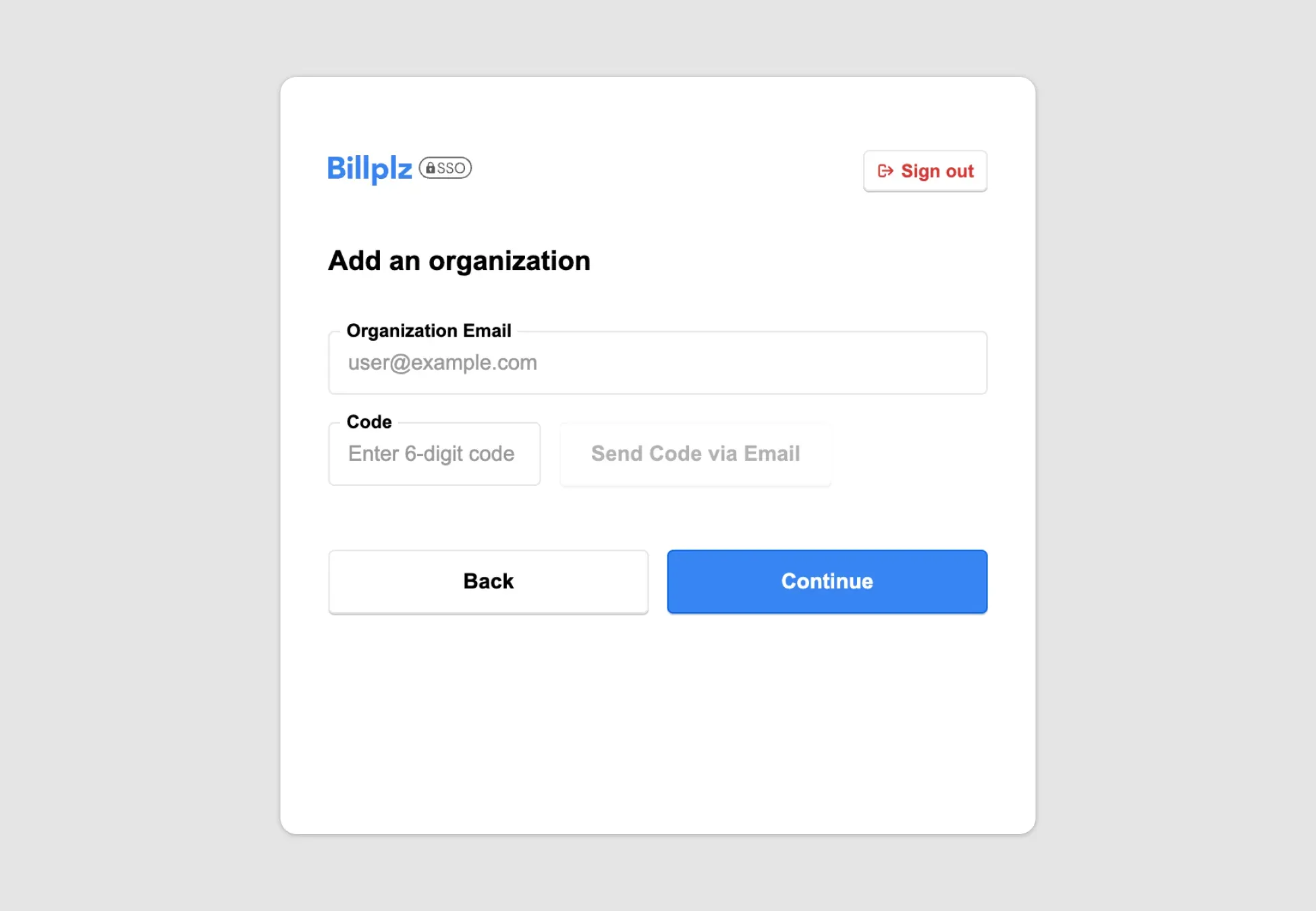 Billplz Organization Email Setup - Form to specify a notification email address for the new business entity and request a 6-digit confirmation code.