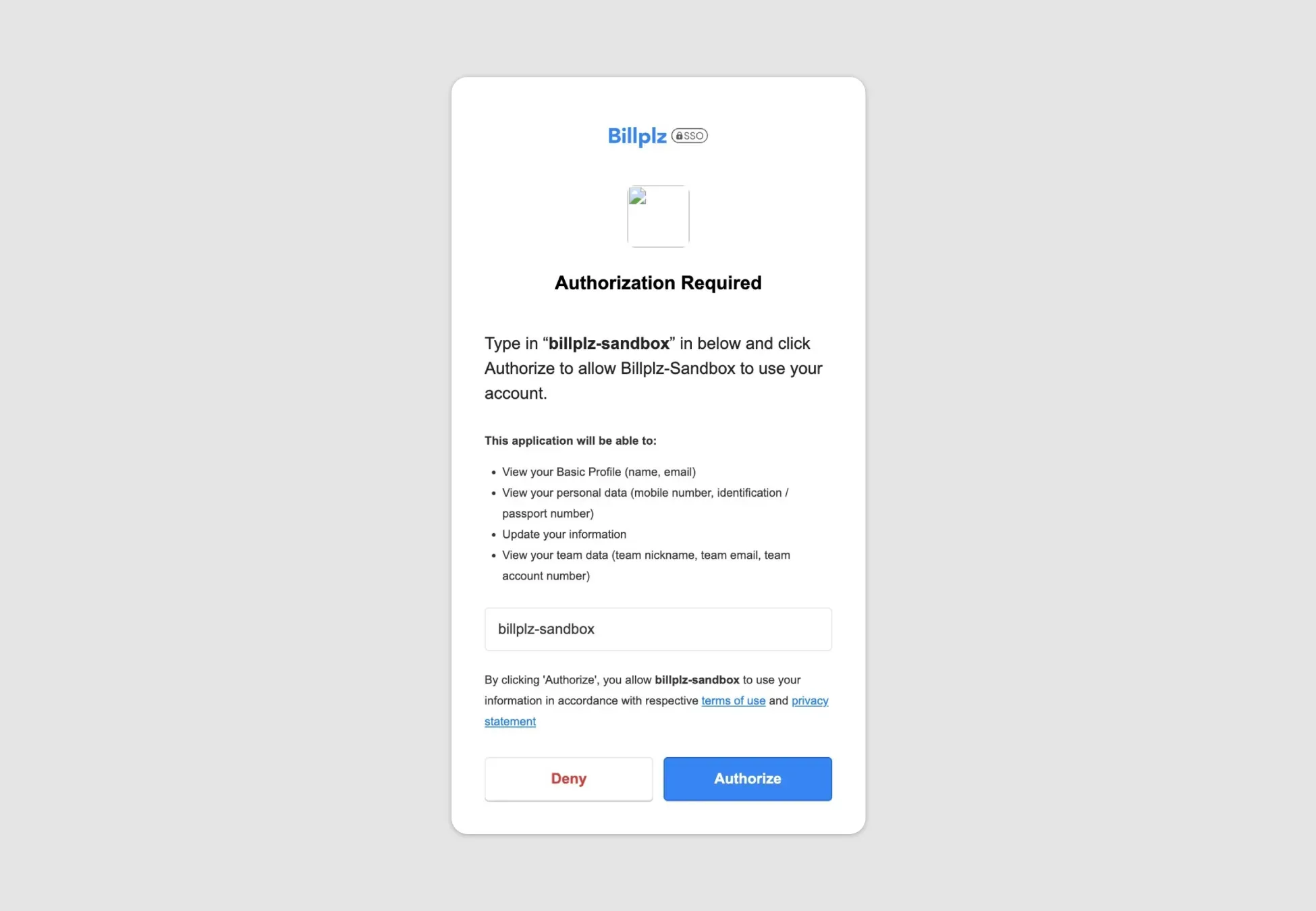 Billplz Authorization Portal - Access permission screen requiring the user to type "billplz-sandbox" into the entry field to grant system rights.
