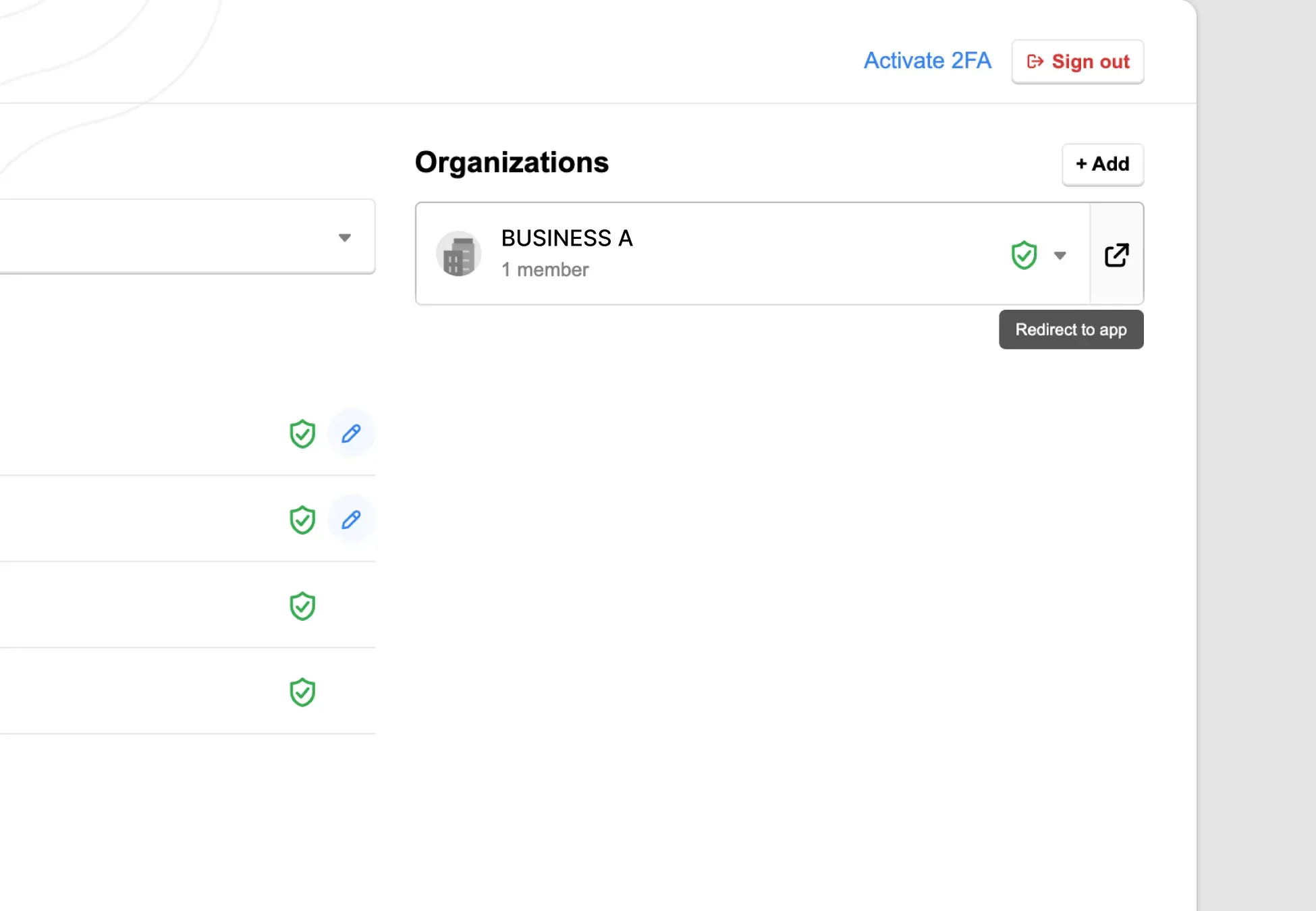 Billplz SSO Profile - Complete organization view displaying the active "BUSINESS TEST" card alongside a hover tooltip on the shortcut icon reading "Redirect to app".