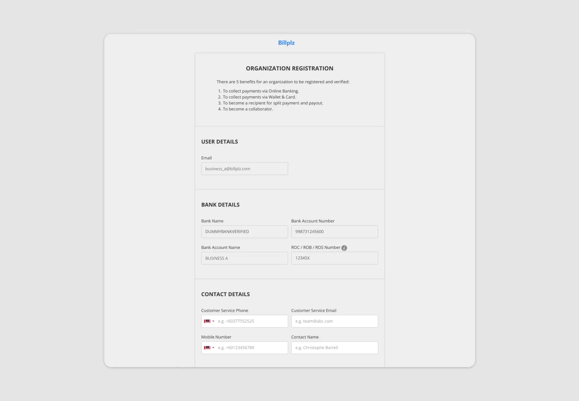 Billplz Sandbox Registration - Final onboarding form showing auto-filled organization details alongside empty customer service contact detail inputs.
