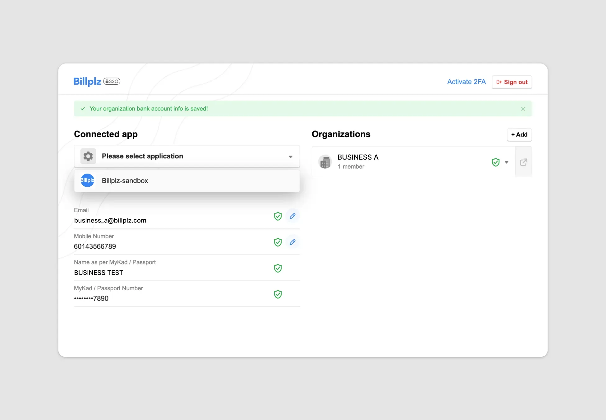 Billplz App Connection - SSO panel displaying a saved organization banner and a drop-down selector to choose the connected application destination.