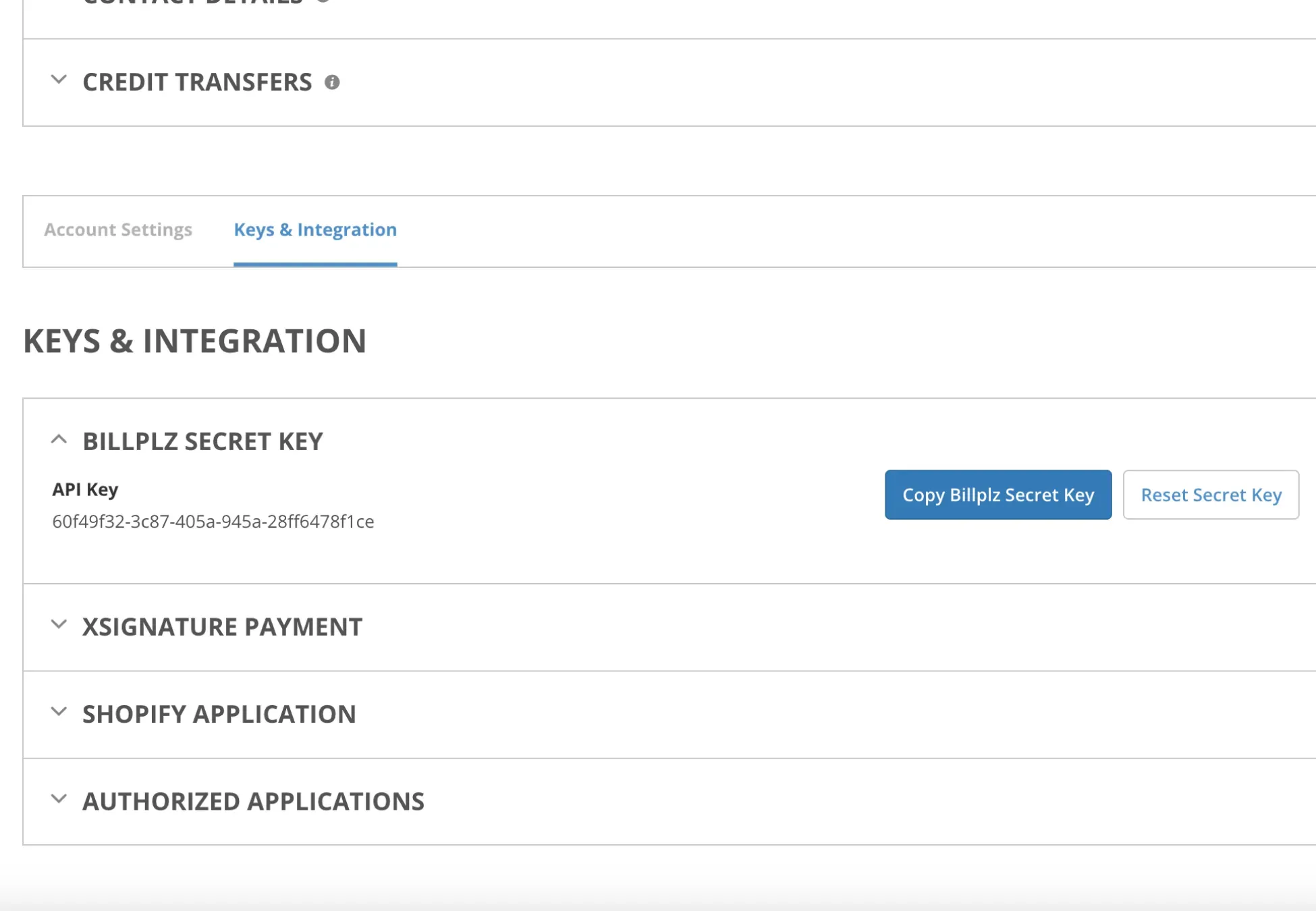 Billplz Keys & Integration - Expanding the Secret Key section to copy the primary API string to the clipboard.