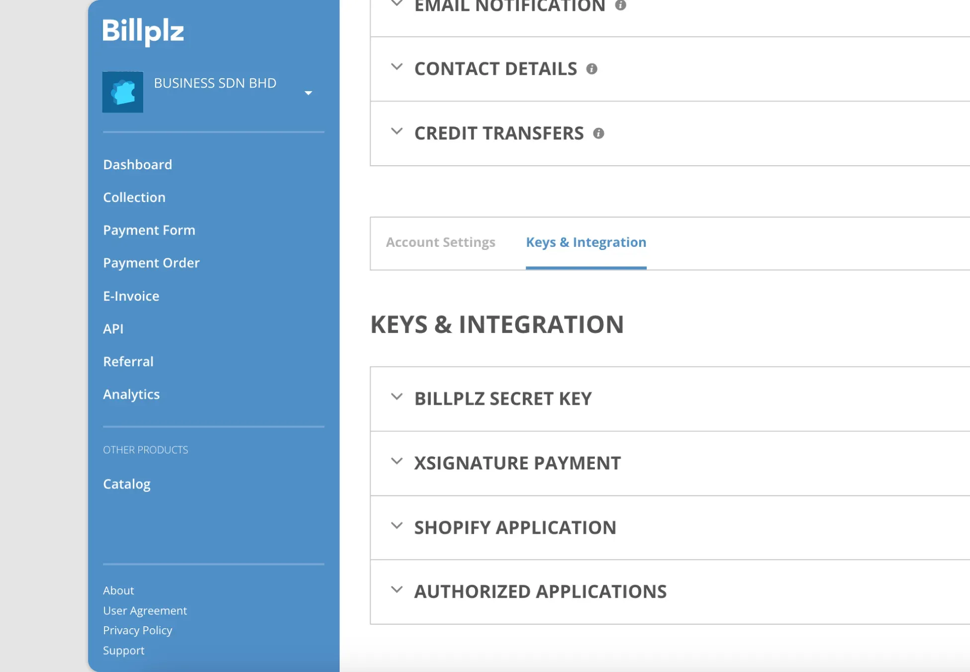 Billplz Account Settings - Locating and selecting the "Keys & Integration" navigation tab.